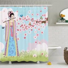 Music Oriental Girl near Cherry Blossoms Spring Petals Butterfly Grassland Japan Design Print Polyester Bathroom Shower Curtain 2024 - buy cheap