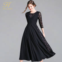 H Han Queen Elegant Slim Patchwork Lace Long Dress Women 2019 Black Hollow Out Maxi Vintage Dresses Waist Swing A-line Vestidos 2024 - buy cheap