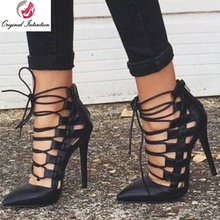 Original Intention Fashion Gladiator Women Sandals Cross-tied Pointed Toe High Heels Sandalias Mujer Black Shoes Woman Plus Size 2024 - buy cheap