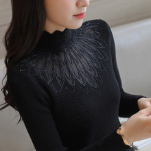 High Elastic Knitted Sweater Women 2019 Autumn Winter Lace Patchwork Long Sleeve Women Sweaters And Pullovers Female Pull Femme 2024 - buy cheap