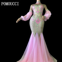 Women New  Sparkling Crystals Sexy Pink Long DressBirthday Party Celebrate Performance Dancer Singer Stage Wear Dance Costume 2024 - buy cheap