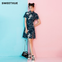 SWEETXUE 2019 Chinese Style Retro cCheongsam Dress Summer Egret Leaf Print Split Special Scene Chic Women Young New Mini Dresses 2024 - buy cheap