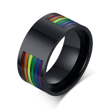 Esmalte arco-íris anel para homens simples anéis de aço inoxidável anel de casamento grande orgulho gay jóias 10mm 2024 - compre barato