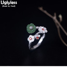 Anel 100% prata esterlina 925 real uglin, flor de ameixa, anéis para mulheres étnicos florais abertos, joias finas 2024 - compre barato