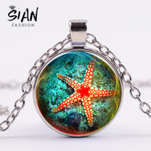 SIAN New Fashion Starfish Animal Necklace Marine Life Art Patterns Glass Cabochon Pendant Necklace Summer Jewelry Gifts Collares 2024 - buy cheap
