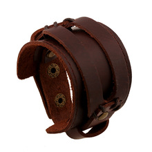 Brown Color Vintage Casual Adjustable Cuff Bracelet Handmade Genuine Leather Jewelry Wide Hyperbole Bangle Retro Male Wristband 2024 - buy cheap