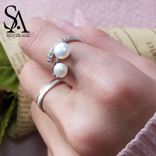 Женские серебряные кольца с натуральным жемчугом, регулируемые обручальные кольца из серебра 925 пробы с белым двойным жемчугом, подарок для... 2024 - купить недорого