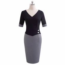 Nice-Forever Vintage Mature Patchwork Short Button Sleeve V-Neck Wear to Work Bodycon Women Office Pencil Slim Dress B364 2024 - buy cheap