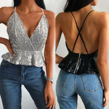 2019 Sexy Fashion Women Bling Strap Vest Sleeveless Deep V-Neck Loose Tank Tops Shiny Backless Blouse Club Streewear Camisole 2024 - buy cheap