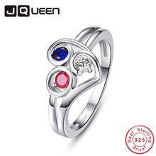 JQUEEN-Anillo de piedra con forma de corazón Tricolor rojo, blanco y azul, cristal de boda romántico, anillos de circonia cúbica de Plata de Ley 925 auténtica 2024 - compra barato