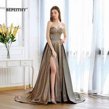 New Fashion 2021 Sweetheart A-line Long Evening Dress With Train Robe De Soiree Sexy High Slit Glitter Gold Prom Party Gown 2024 - buy cheap