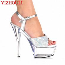 Women's chunky crystal wedding shoe, shiny silver sequined upper 15cm high-heeled sandals 2024 - buy cheap