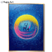 Artista pintado a mano azul Landsacpe pintura al óleo para la decoración de la pared de la habitación el ciervo se puso en el cielo estrellado de la luna pintura de paisaje 2024 - compra barato