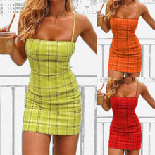Модное сексуальное женское облегающее мини-платье в клетку без рукавов с сетчатым ремешком 2024 - купить недорого