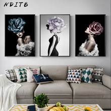 Cuadro de flores escandinavas para mujer, lienzo de arte de pared, póster abstracto, imagen de cuadro nórdico moderno, decoración para sala de estar 2024 - compra barato