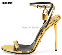 Hot Sale 10 cm Sexy Women Summer High Heel sandals Open Toe Gold Lock Ankle Strappy Strap Celebrity Shoes Gladiator Sandals 2024 - buy cheap