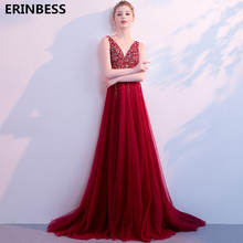 Beaded Sequined Tulle Burgundy Evening Dresses Sexy V-Neck V-beck Sweep Train Evening Dress 2019 Formal Party Gowns For Women 2024 - buy cheap