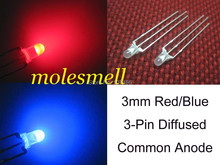 Free shipping 100pcs 3mm Dual Bi-Color diffused Red/blue Bright 3-Pin Led Common Anode Leds Lamp 3mm R/B 3PIN led 2024 - buy cheap