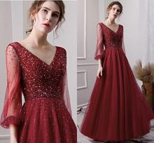 Luxury Evening Dresses 2021 A-line Long Sleeves Beading Crystals Dark Red Women Formal Party Gown Prom  Robe de Soiree 2024 - buy cheap