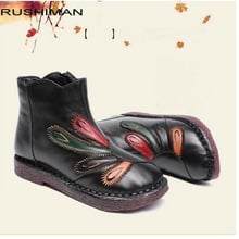 RUSHIMAN Fashion Design Shoes Women Phoenix tail Retro Casual Handmade Ankle Boots Flat Real Genuine Leather Women Shoes Boots 2024 - buy cheap