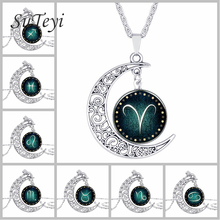 SUTEYI Hot 12 Constellation Necklace Charms Glass Gabochon Moon Pendant Silver Plated Long Chain Necklaces For Women Jewelry 2024 - buy cheap