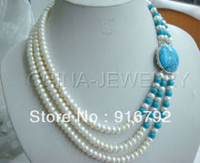 Wholesale free shipping >>>>>3row 8mm white FW pearl and stone necklace 2024 - buy cheap