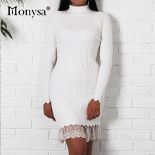 Turtleneck Dress Women Winter Clothes 2018 New Arrival Long Sleeve Knitted Dresses Ladies Patchwork Lace Midi Sweater Dress 2024 - buy cheap