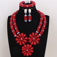 Dudo Red Jewelry Set For African Wedding Crystal Beaded Flowers Necklace Set For Nigerian Wedding 2 Layers Women Gift Ser 2019 2024 - buy cheap