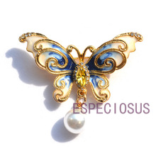 Elegant Pin Gold Color Women Gift Butterfly Breast pin Acrylic Pearl Accessories lady Jewelry Blue Painted Brooch Banking finish 2024 - buy cheap