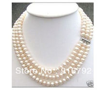 Бесплатная доставка> 3 нити 7-8 мм белый пресноводный жемчуг ожерелье 17-18'' 2024 - купить недорого