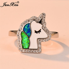 Cute Female Girl Unicorn Ring Fashion Silver Color Animal Wedding Rings For Women Boho Blue Green Fire Opal Engagement Ring 2024 - buy cheap