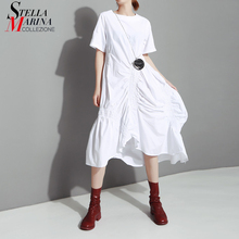 2019 Korean Style Women Summer Solid Color White Casual Long Dress Pleated O Neck Female Unique StreetWear Dress Robe Style 5242 2024 - buy cheap