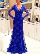 2019 Royal Blue Long Sleeve V-Neck Lace Evening Dresses Mermaid Prom Party Gowns Formal Dresses robe de soriee Plus Size 2024 - buy cheap