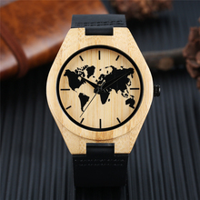 Minimalist Watch Men's Creative World Map Watch Natural Bamboo Wood Quartz Analog Handmade Clock Male Black Genuine Leather Hour 2024 - buy cheap