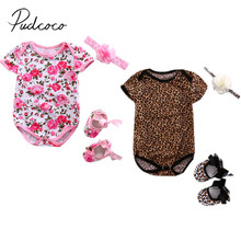 Macacão infantil para recém-nascidos, conjunto de 3 peças com estampa de leopardo floral e tiara para meninos e meninas, um par de sapatos para recém-nascidos 2018 2024 - compre barato