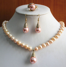 Free shipping 495 Charming Women'S 8mm Pink Shell Pearl Necklace Earring Ring(7/8/9) Jewelry Set 2024 - buy cheap