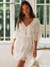 yinlinhe Embroidery White Dress Women Short Sleeve Lace Patchwork Summer Dress With Belt Hollow Out Loose Party Vestido 1061 2024 - buy cheap