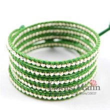 Free shipping handmade silver 5 wrap bracelet on green leather,classic jewelry 2024 - buy cheap