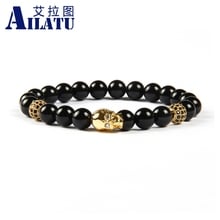 Ailatu joyería de moda al por mayor 8mm PIEDRA DE ónix negro Natural con Cz pulsera con cuentas en forma de calavera para hombres 2024 - compra barato