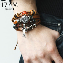 Pulseira feminina de couro 17km, bracelete com múltiplas camadas vintage, berloque para mulheres, joias para homens, 2020 2024 - compre barato