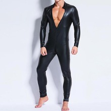 Catsuit de cuero para hombre, Body negro brillante erótico de manga larga, mono Zentai con cremallera frontal, mono Sexy Masculino 2024 - compra barato