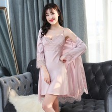 MECHCITIZ 2019 Women Silk Robe Gown Sets Sexy Lace Sleep Lounge Pijamas Ladies Summer Nightwear Bathrobe Night Dress Femme Robe 2024 - buy cheap