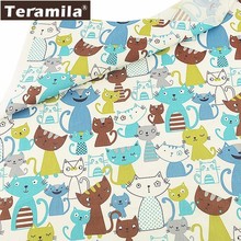 Teramila-Tela de sarga con estampado de gatos, Material de costura para manualidades, 100% textil de algodón, color gris y azul 2024 - compra barato