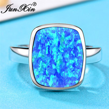 Junxin anéis masculinos e femininos de luxo, com pedra quadrada grande, branca e azul de opala de fogo, cores prateadas, para casamento 2024 - compre barato