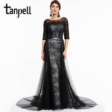 Tanpell court train evening dresses black bateau neck half sleeves floor length a line dress lace formal party long evening gown 2024 - buy cheap