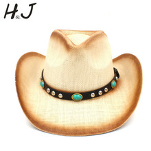 Mulheres Homens Chapéu De Cowboy da Palha Com O Pai Do Punk Pulseira de Couro Para Senhora Ocidental Cowgirl Tampas de Jazz Sombrero Hombre Tamanho 58 cm 2024 - compre barato