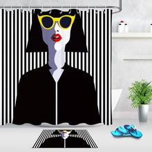 LB Fashion Girl Wearing Sunglasses Black And White Stripes Shower Curtains Set Bathroom Waterproof Fabric For Art Bathtub Decor 2024 - buy cheap