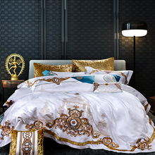 Conjunto de cama bordado dourado branco royal, coberta de cama de luxo, lençóis de casal, queen king size, 4/6/9 pçs 2024 - compre barato