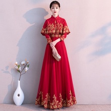 Red Traditional Chinese Wedding Gown 2019 Long Sleeve Cape Mandarin Collar Embroidery Female Cheongsam Wedding Dress AA4550 2024 - buy cheap