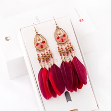 2019 Bohemian Boho Water Drop Feather Tassel Dangle Earrings Tibetan Jewelry Vintage Long Chain Wood Beads Earring Hangers 2024 - buy cheap